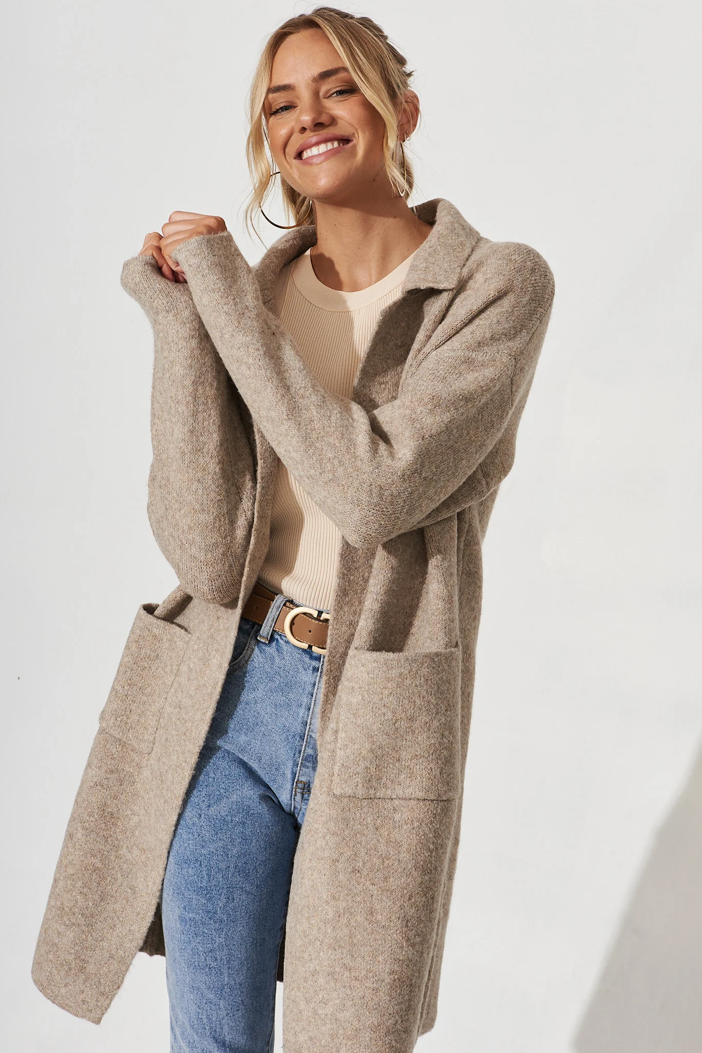 Quinzy Knit Coat In Taupe Marle Wool Blend - Image 2