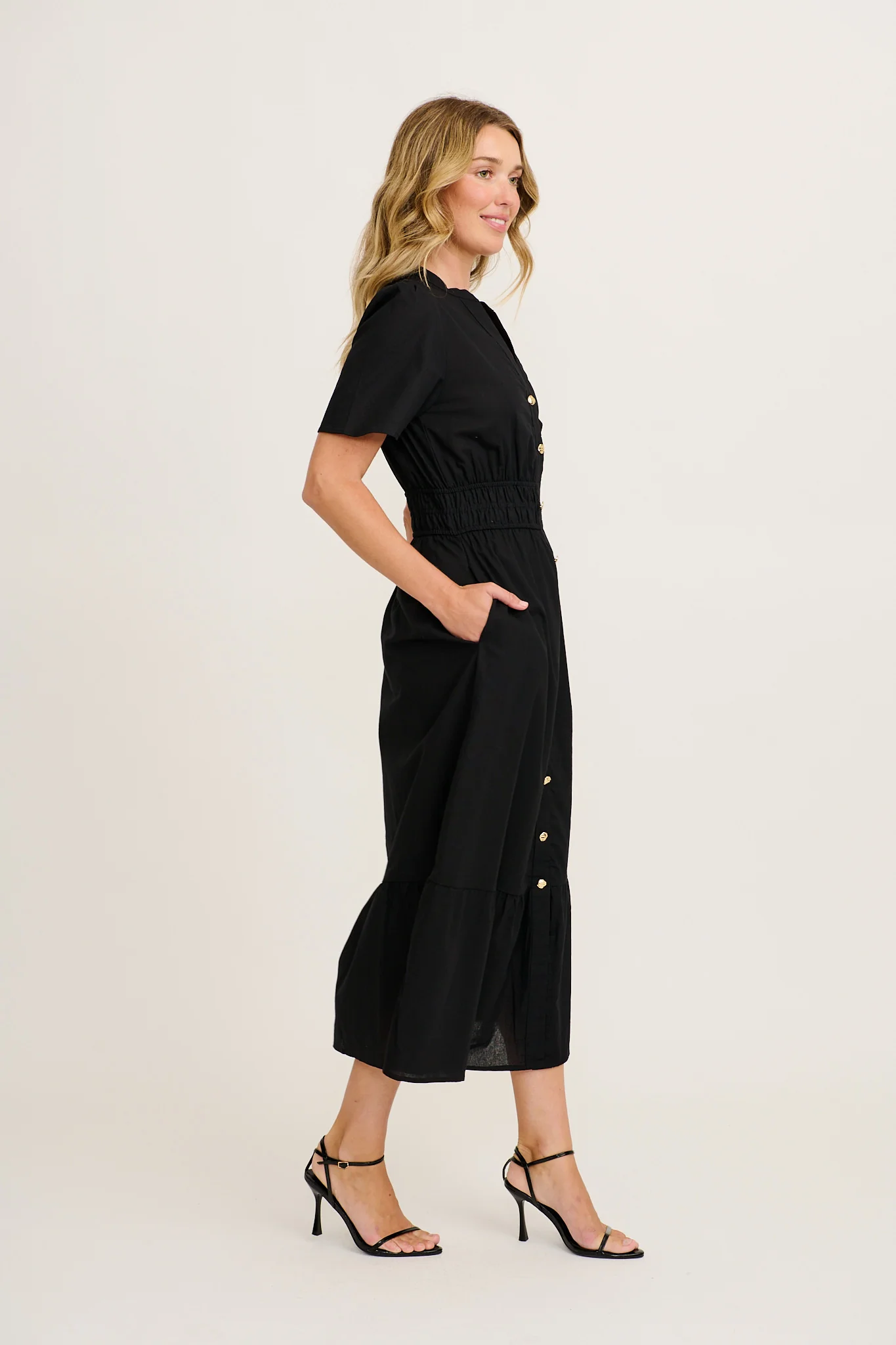 Radiant Rose Midi Dress in Black Cotton - Image 3
