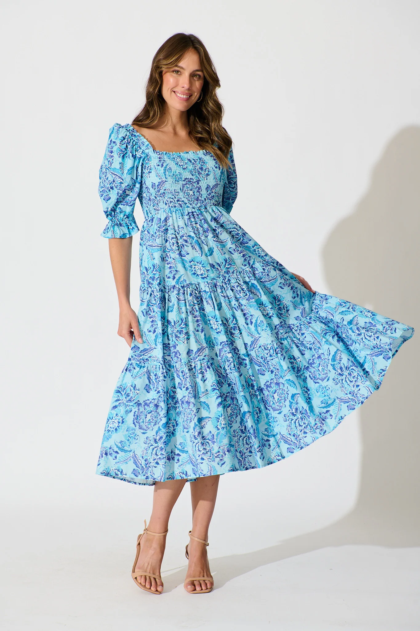 Rahima Midi Dress in Blue Floral Cotton