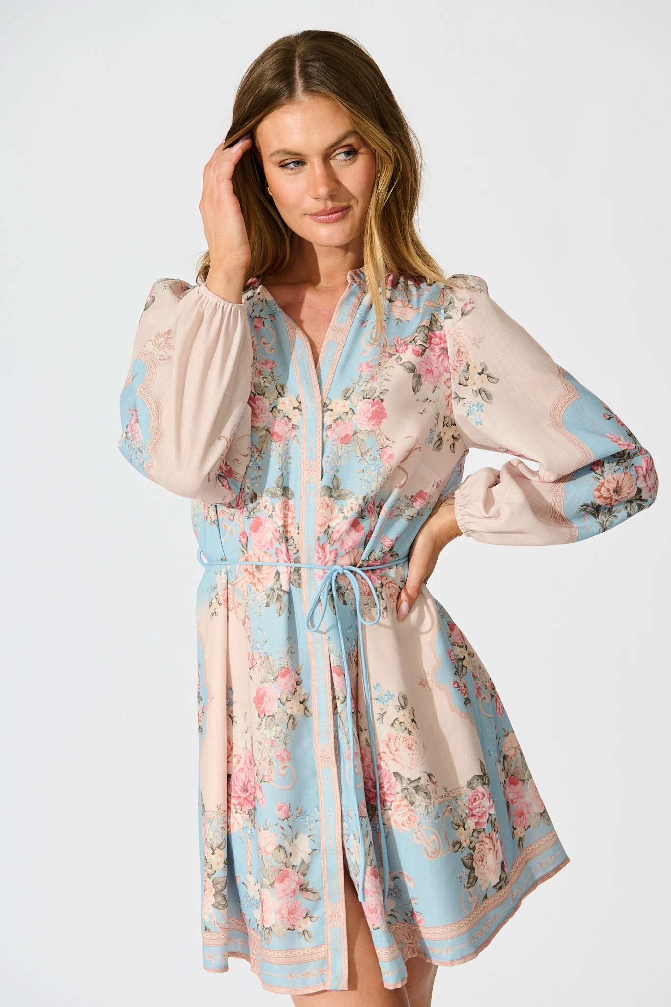 Rania Dress in Pink and Blue Placement Linen Blend - Image 2
