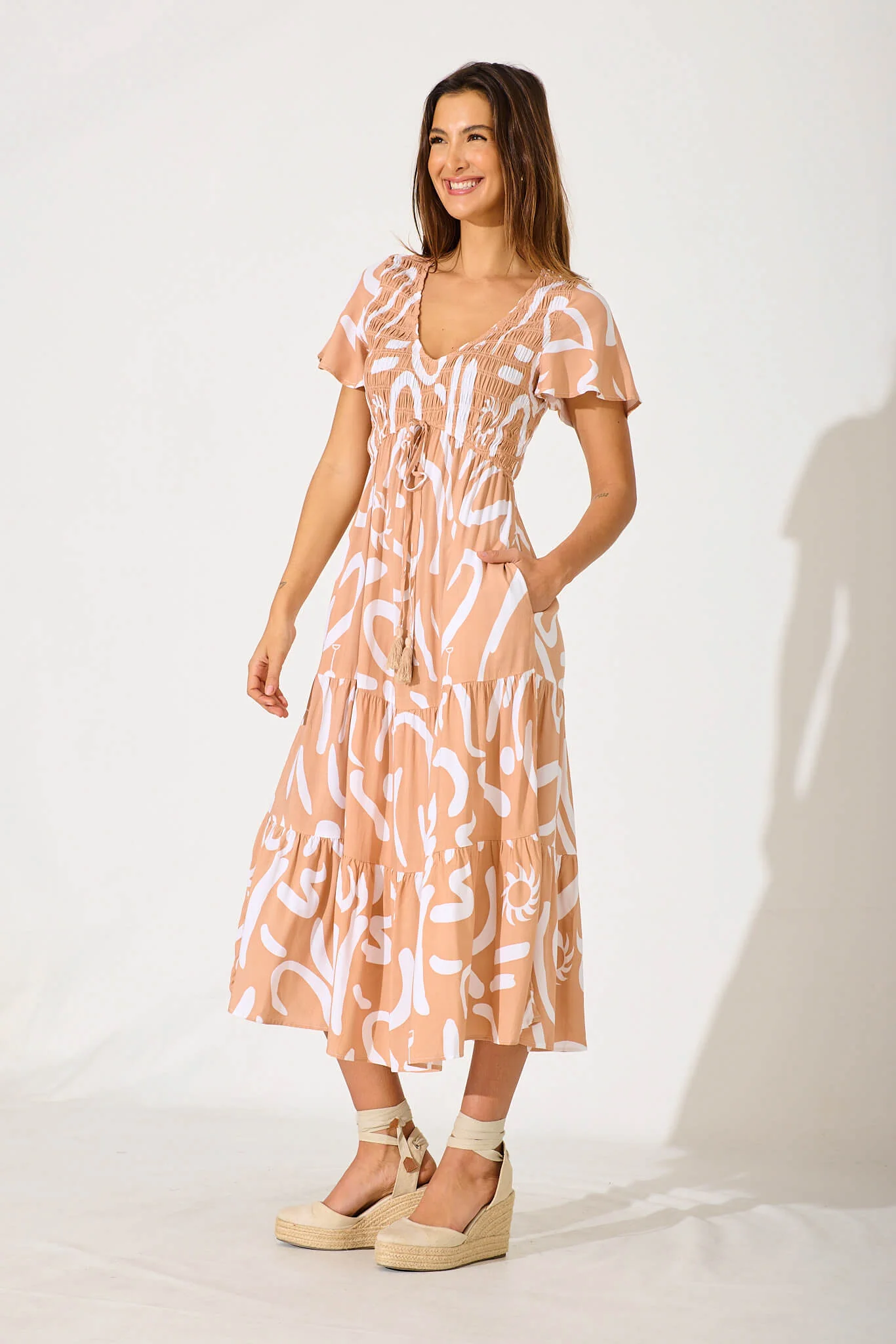Ray Of Light Midi Dress In Beige With White Print - Image 3