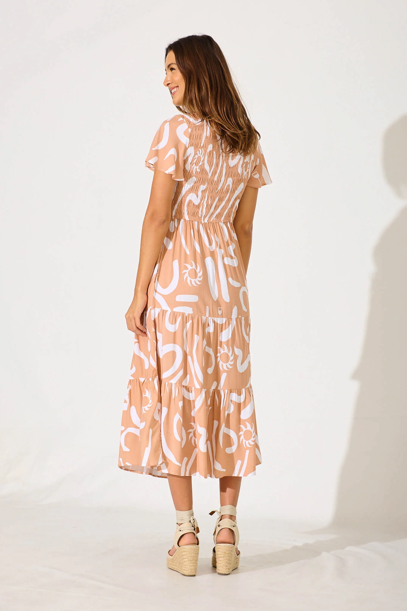 Ray Of Light Midi Dress In Beige With White Print - Image 4