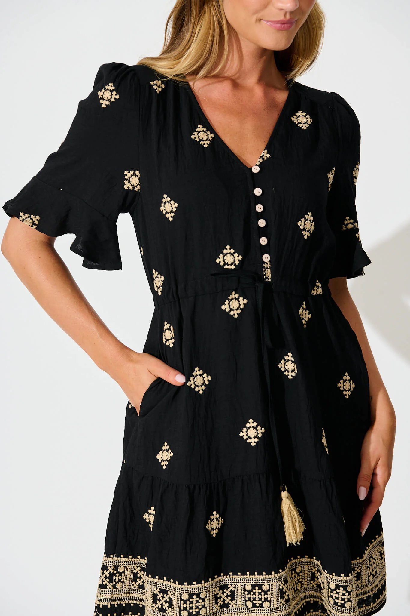 Reagan Dress in Black with Cream Embroidery - Image 5