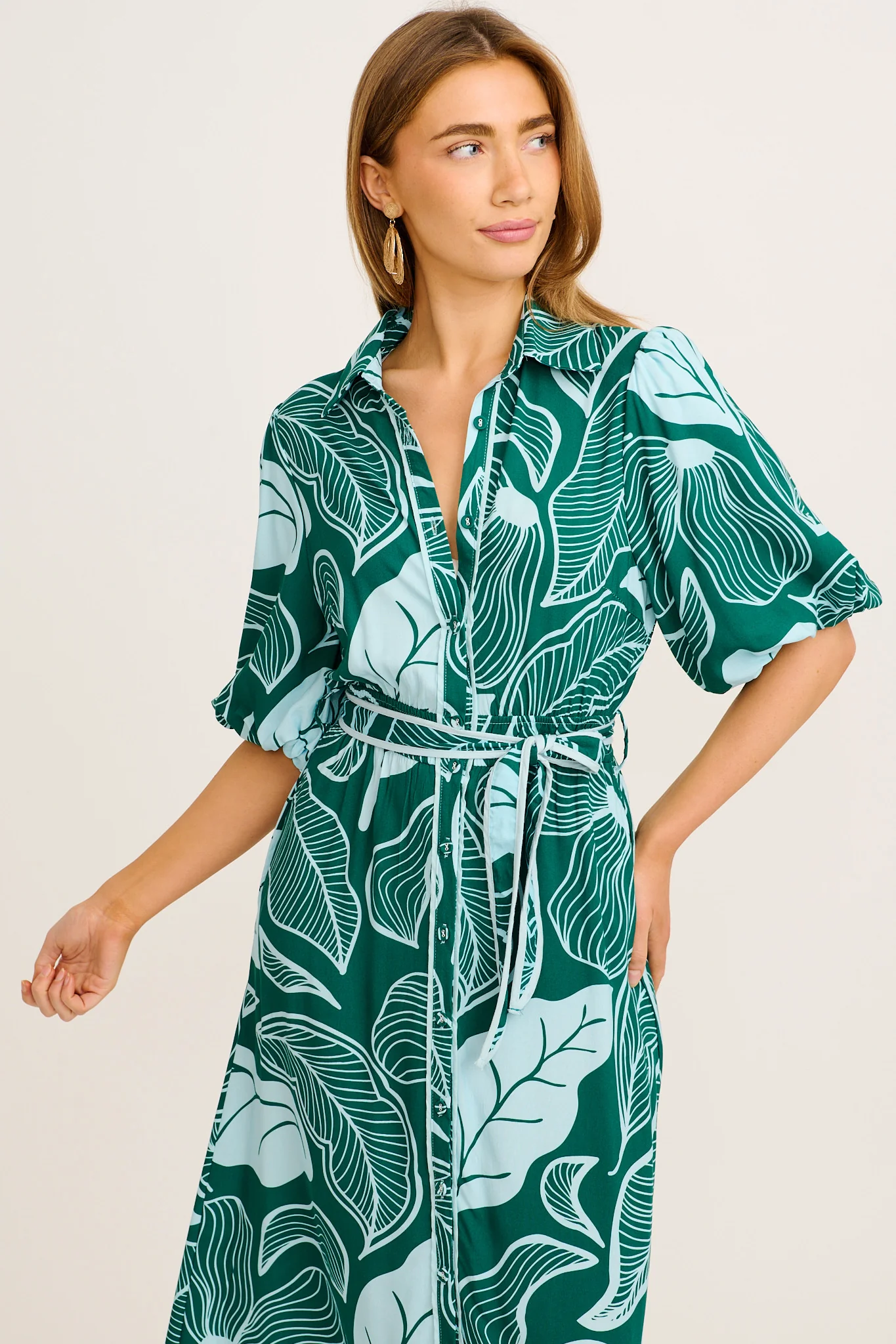 Reanna Midi Shirt Dress in Green Leaf Print - Image 2