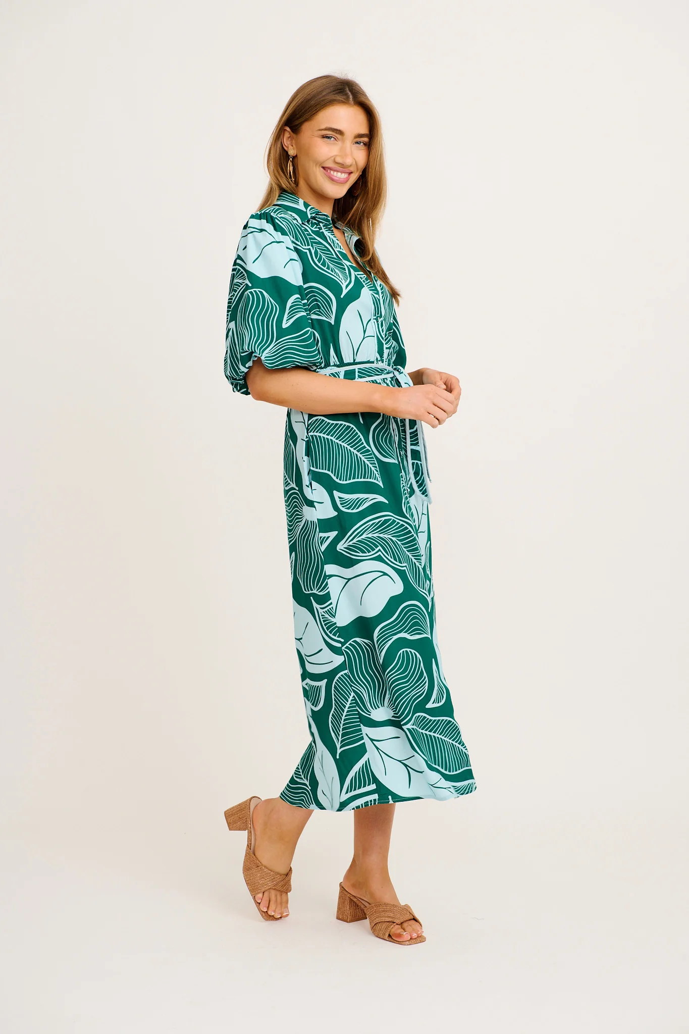 Reanna Midi Shirt Dress in Green Leaf Print - Image 3