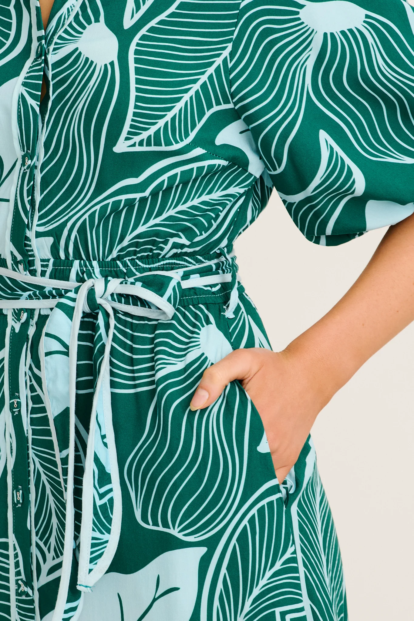 Reanna Midi Shirt Dress in Green Leaf Print - Image 5