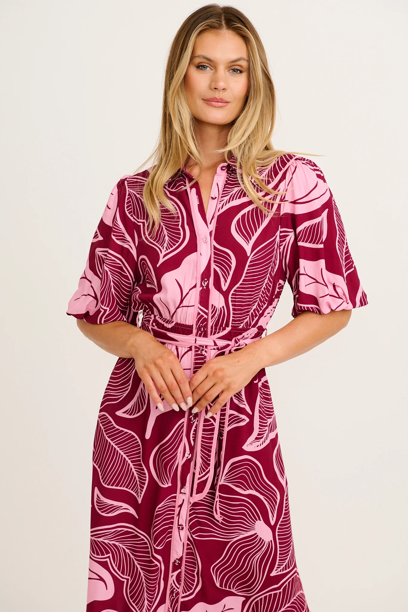 Reanna Midi Shirt Dress in Plum with Pink Leaf Print - Image 2