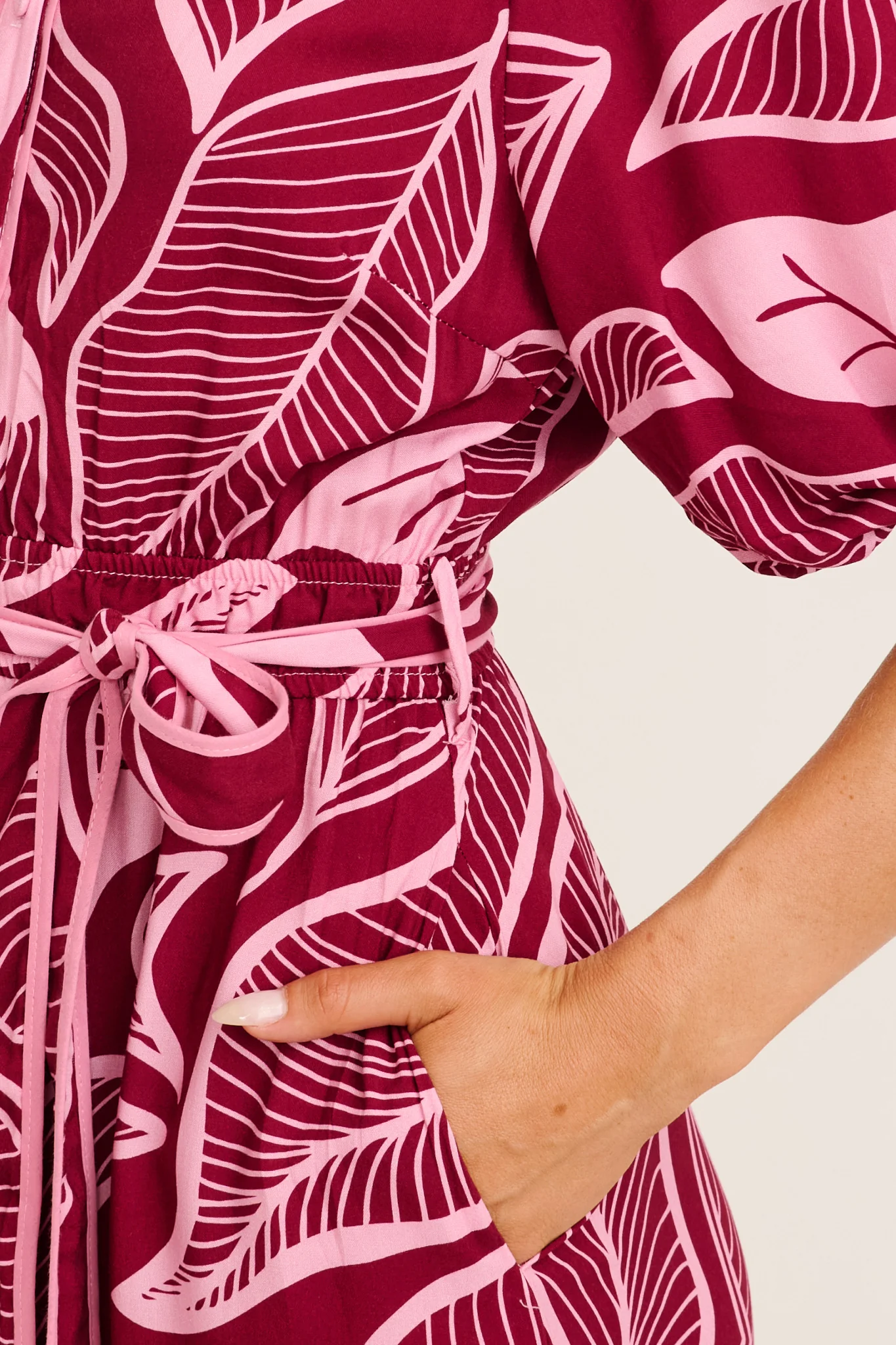 Reanna Midi Shirt Dress in Plum with Pink Leaf Print - Image 5