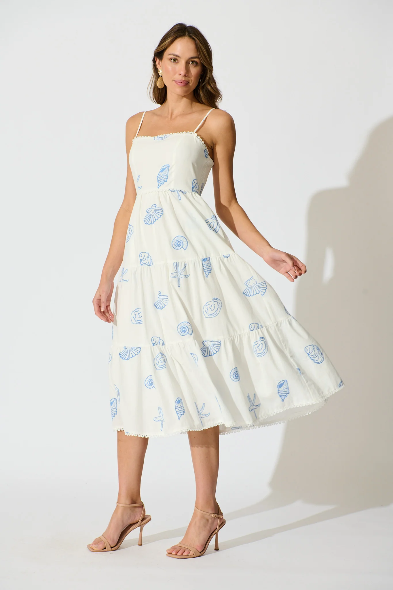 Reef Midi Dress in White with Blue Seashell Embroidery Cotton - Image 3