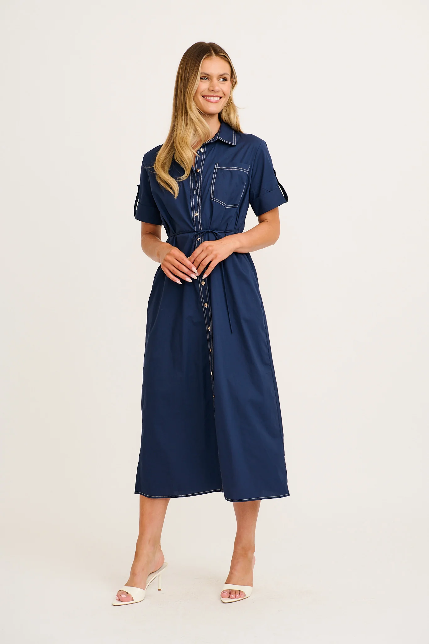 Refined Edge Midi Shirt Dress in Navy Cotton