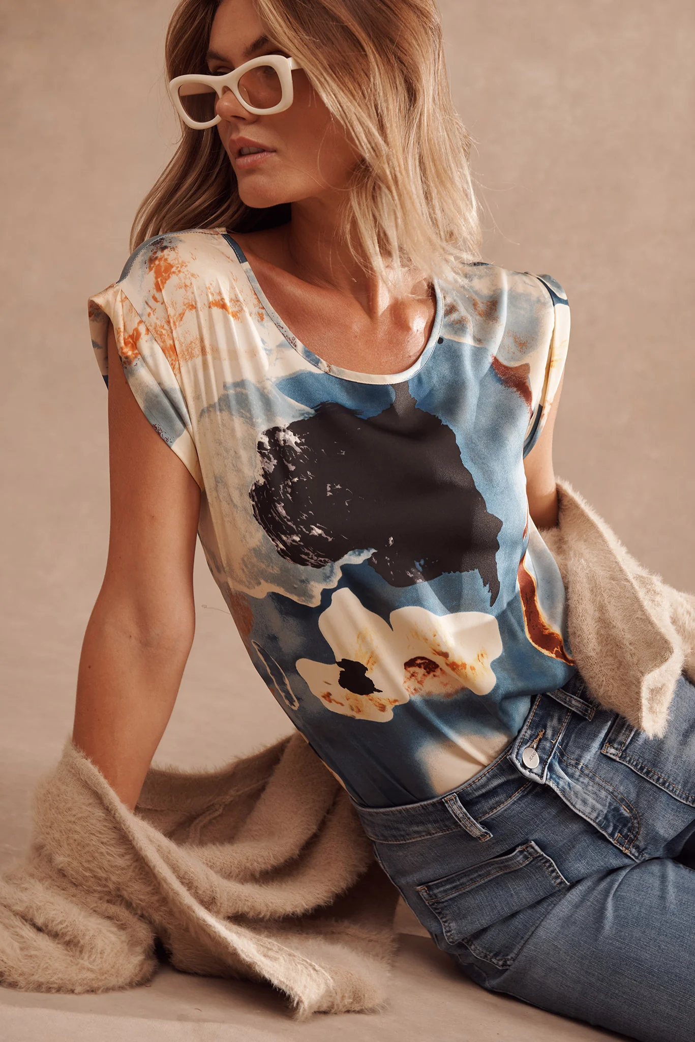 Rejina Top In Blue And Cream Watercolour Satin - Image 3