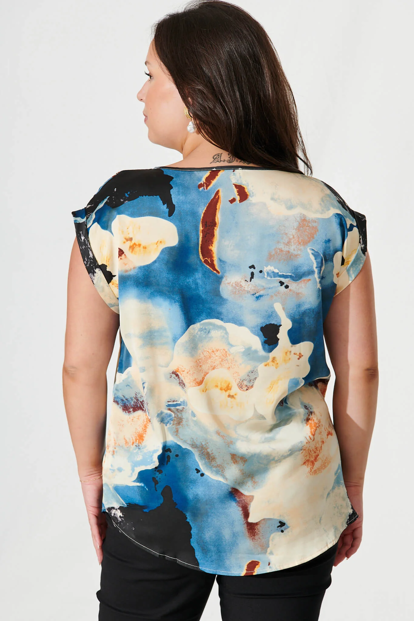 Rejina Top In Blue And Cream Watercolour Satin - Image 8
