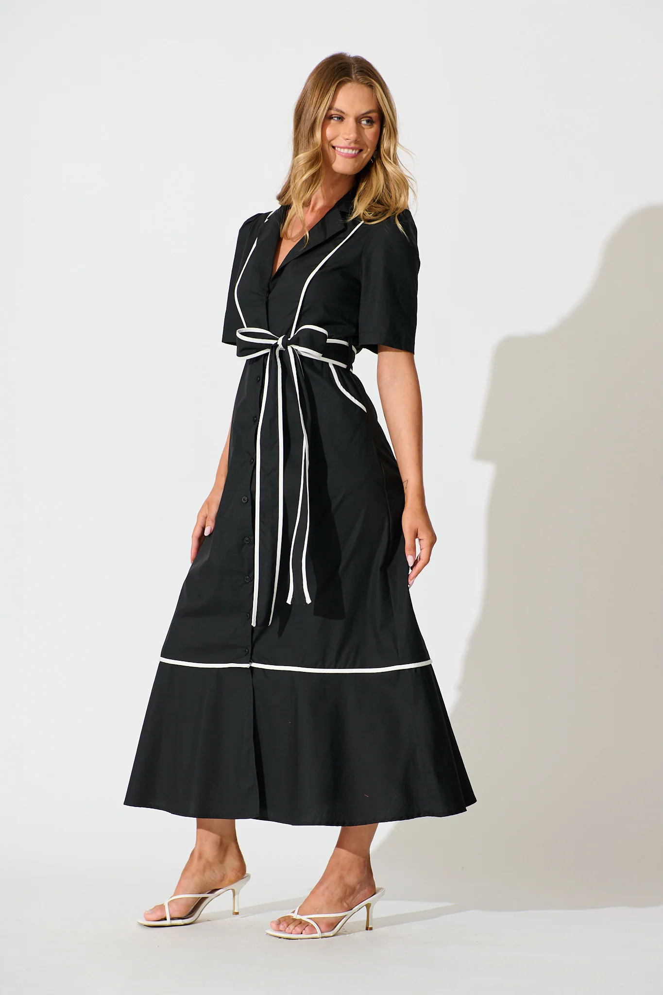 Rhea Maxi Shirt Dress in Black with Contrast Piping Cotton - Image 3