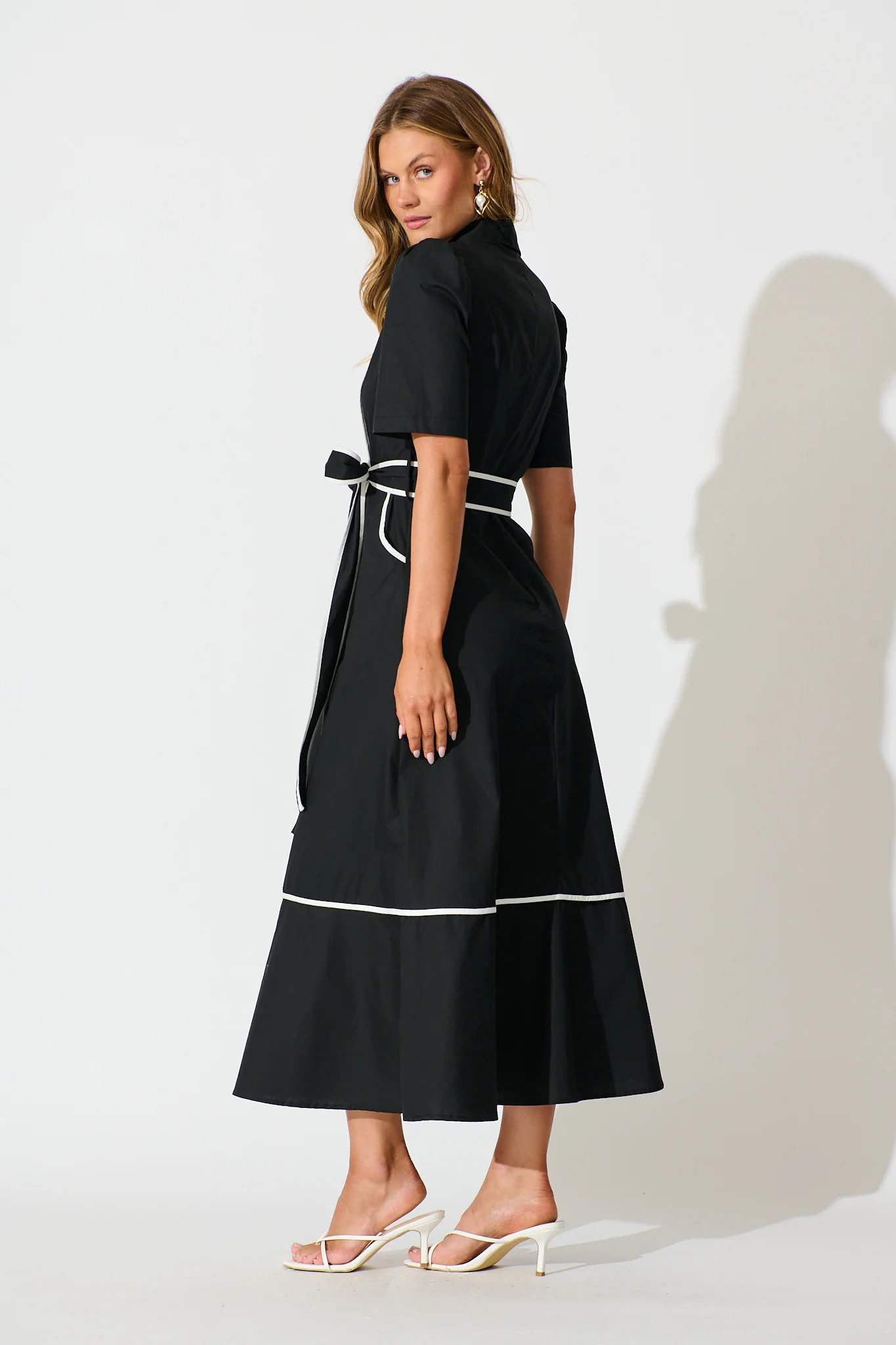 Rhea Maxi Shirt Dress in Black with Contrast Piping Cotton - Image 4