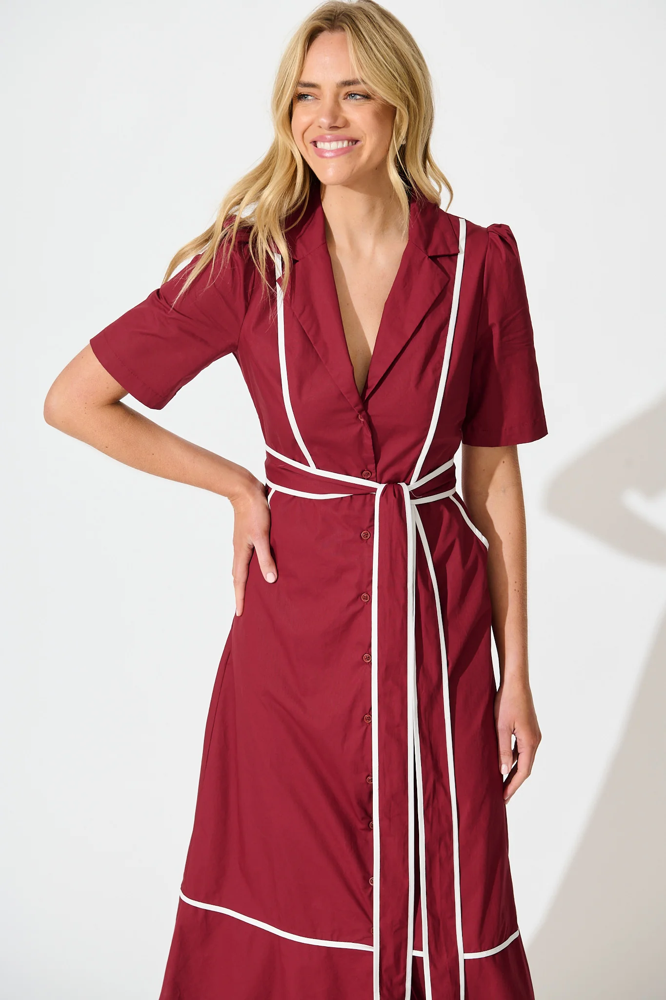 Rhea Maxi Shirt Dress in Wine with Contrast Piping Cotton - Image 2