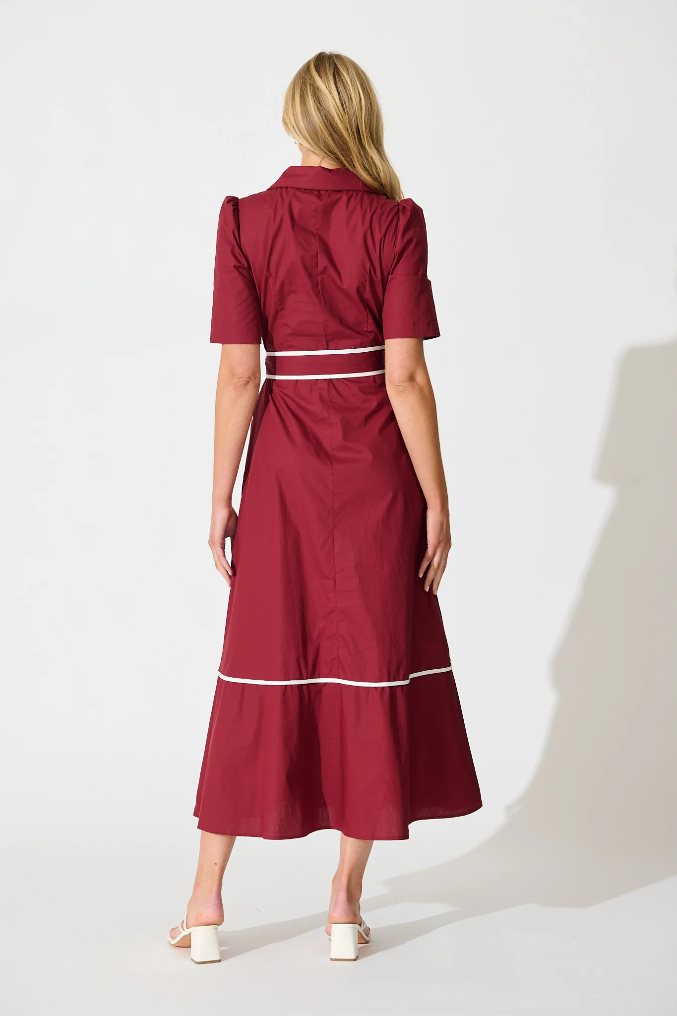 Rhea Maxi Shirt Dress in Wine with Contrast Piping Cotton - Image 4