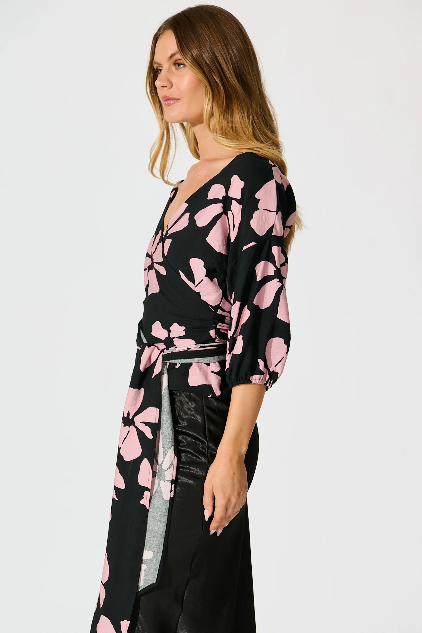 Rhylee Wrap Top in Black with Pink Flower Print - Image 2