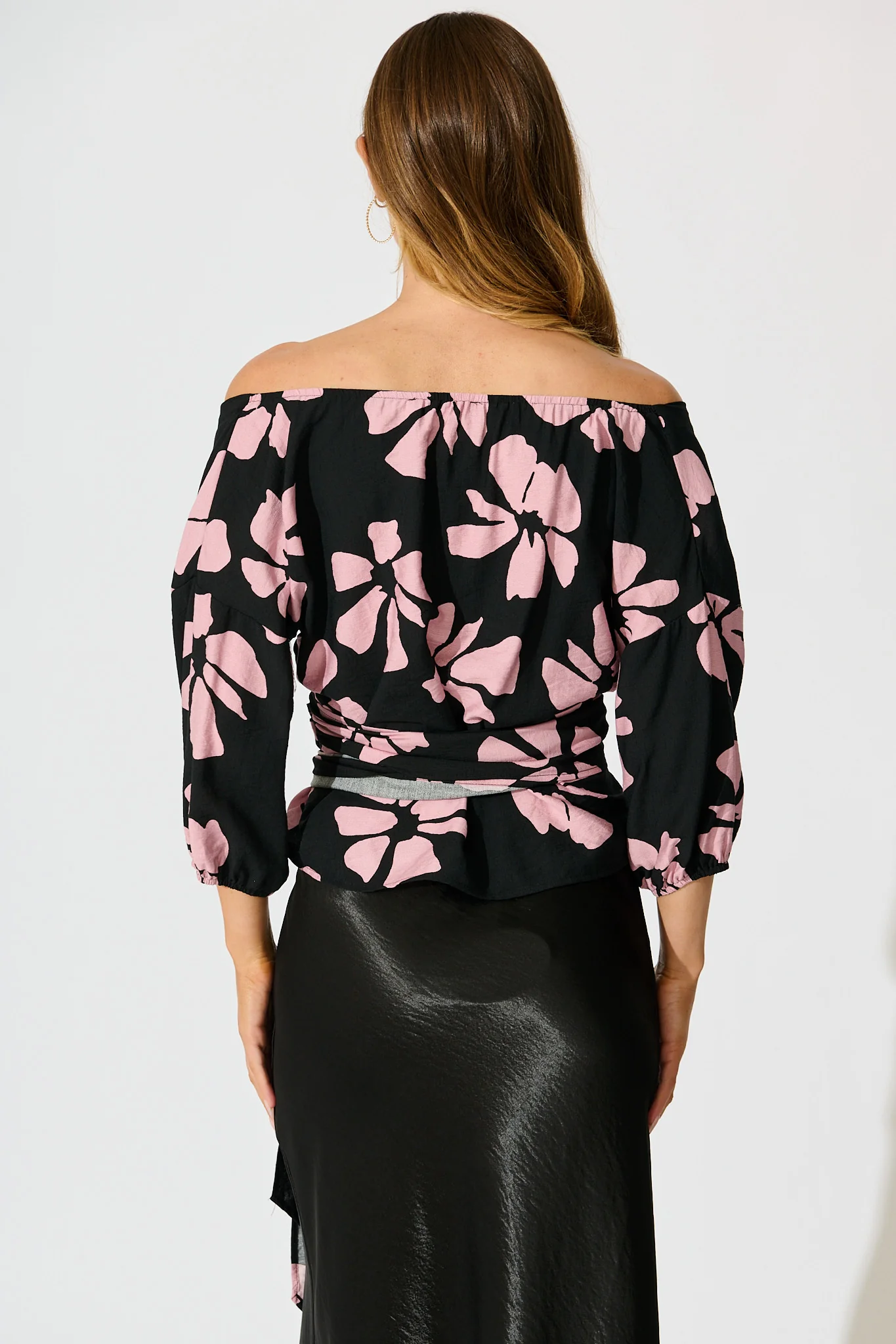 Rhylee Wrap Top in Black with Pink Flower Print - Image 3