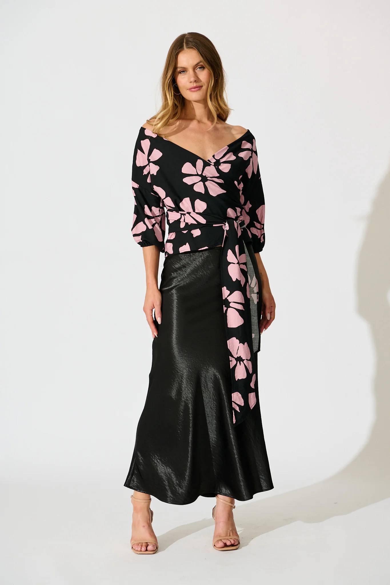 Rhylee Wrap Top in Black with Pink Flower Print - Image 4