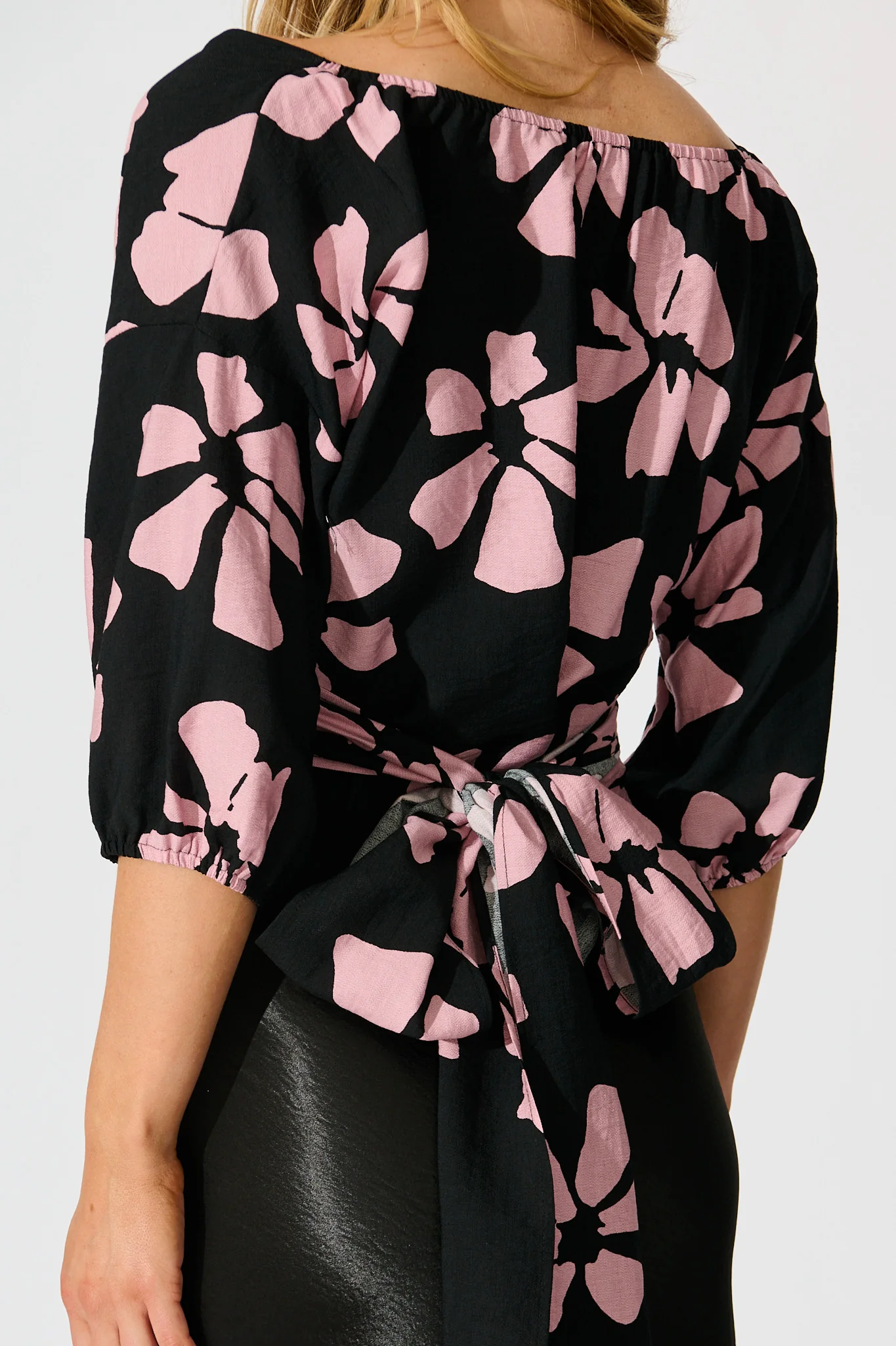 Rhylee Wrap Top in Black with Pink Flower Print - Image 6