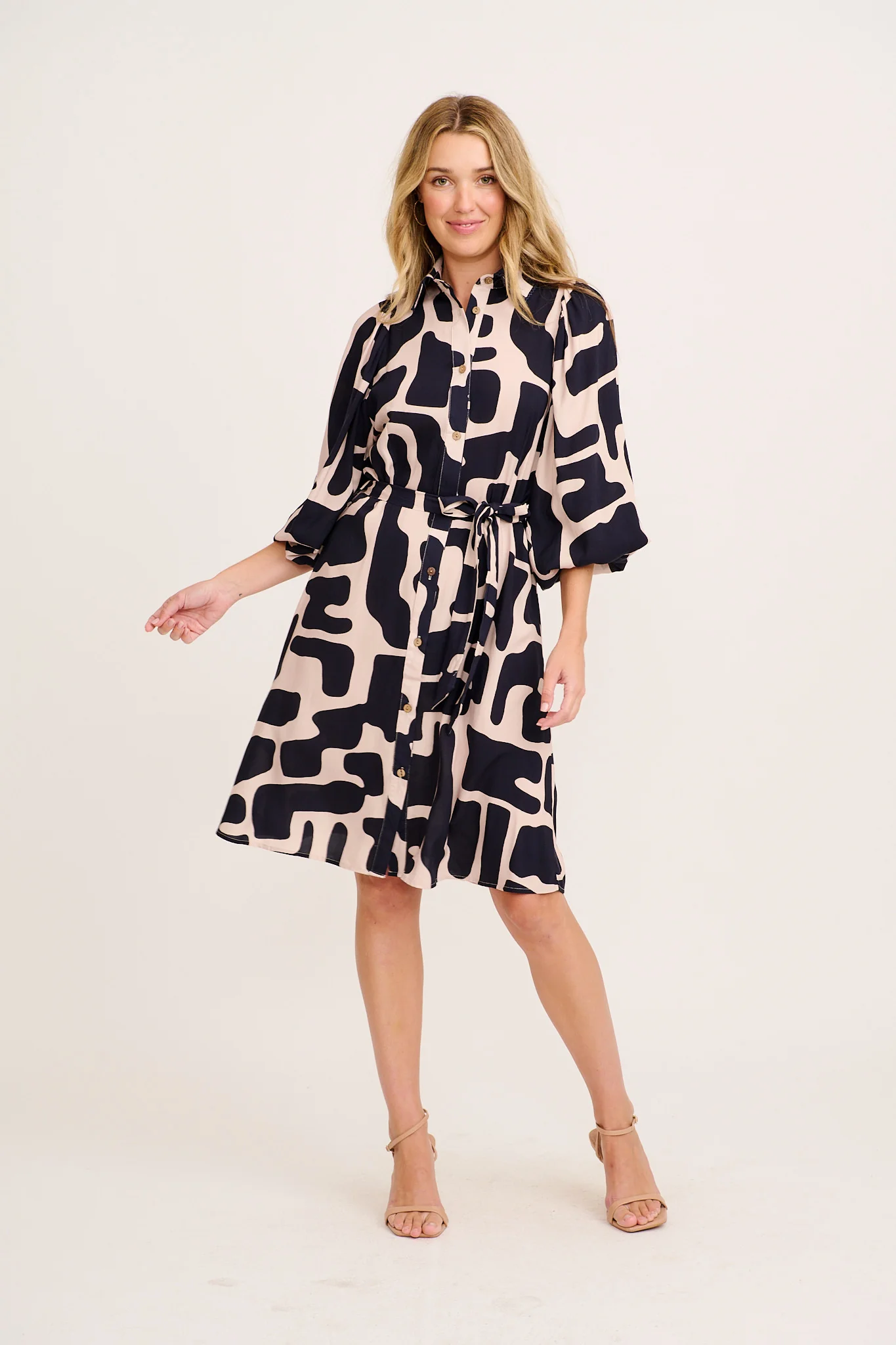 Risa Shirt Dress in Black with Cream Print