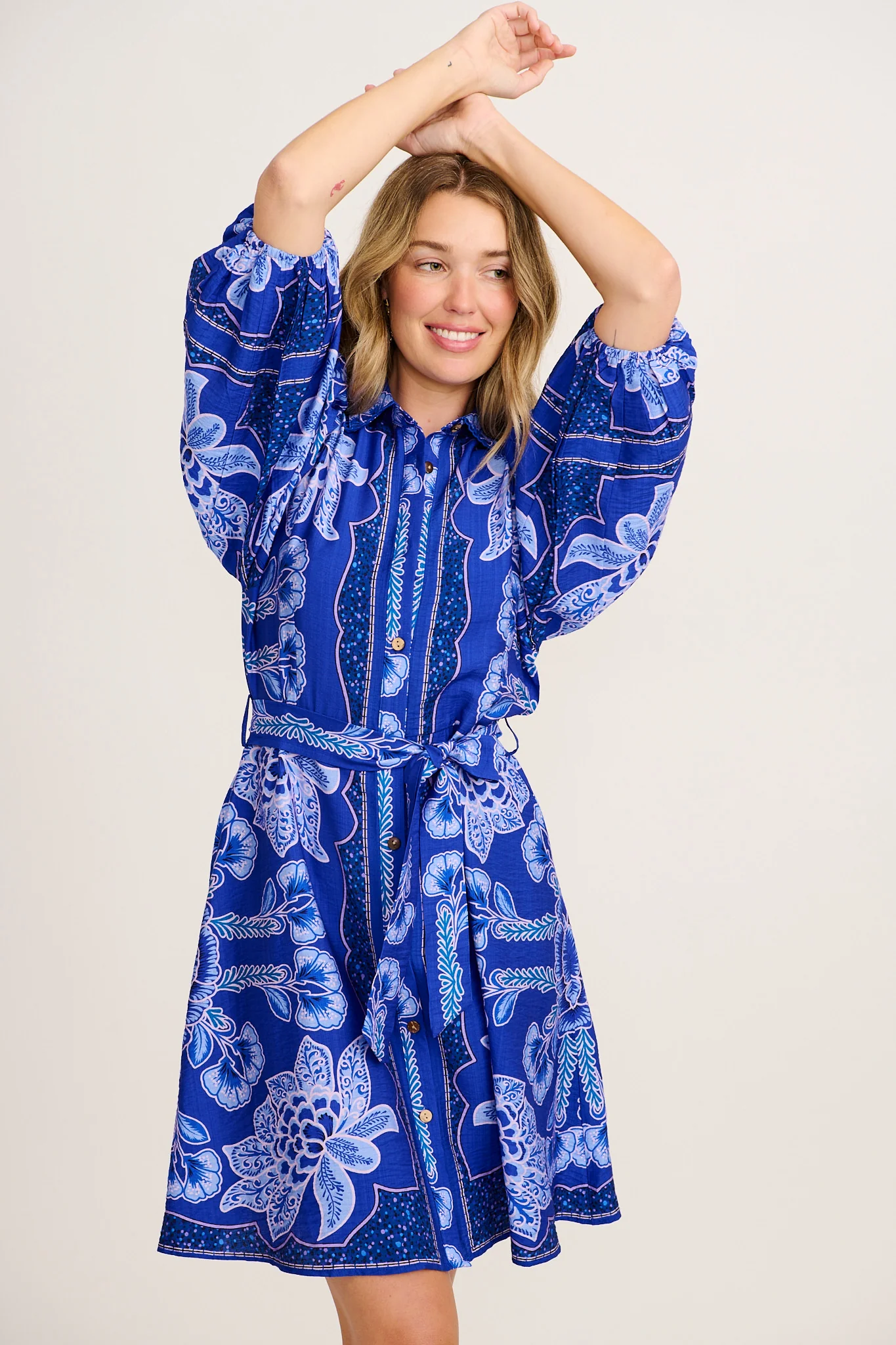 Risa Shirt Dress in Blue Floral Print Linen Blend - Image 2