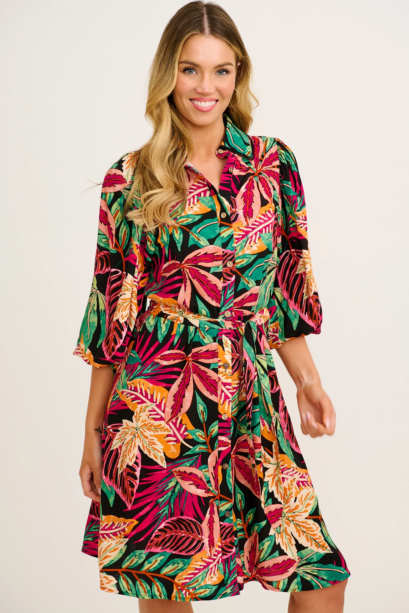 Risa Shirt Dress in Purple Multi Leaf Print - Image 2