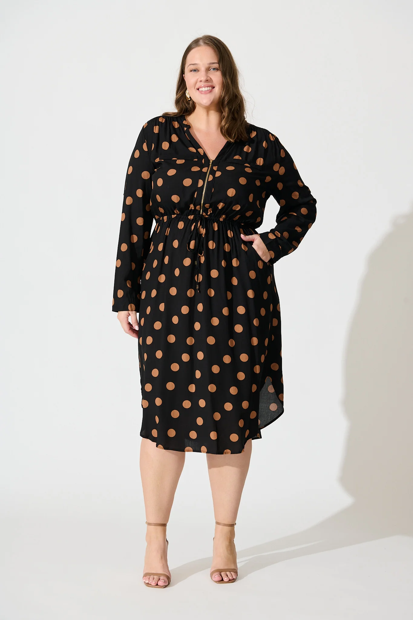Rival Zip Dress in Black with Brown Spot - Image 7