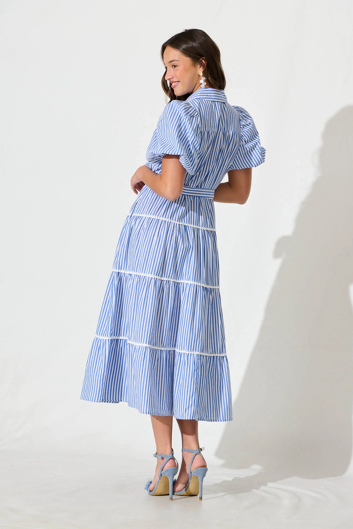 Riverina Midi Shirt Dress in Blue with White Stripe Cotton - Image 4