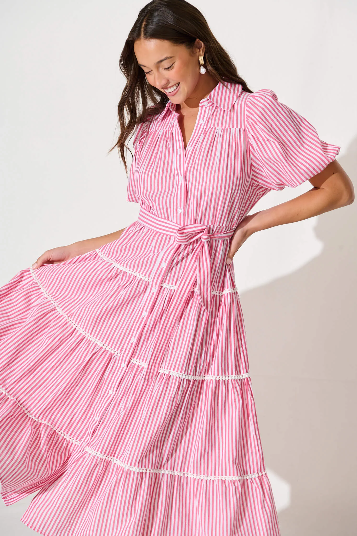 Riverina Midi Shirt Dress in Pink with White Stripe Cotton - Image 2