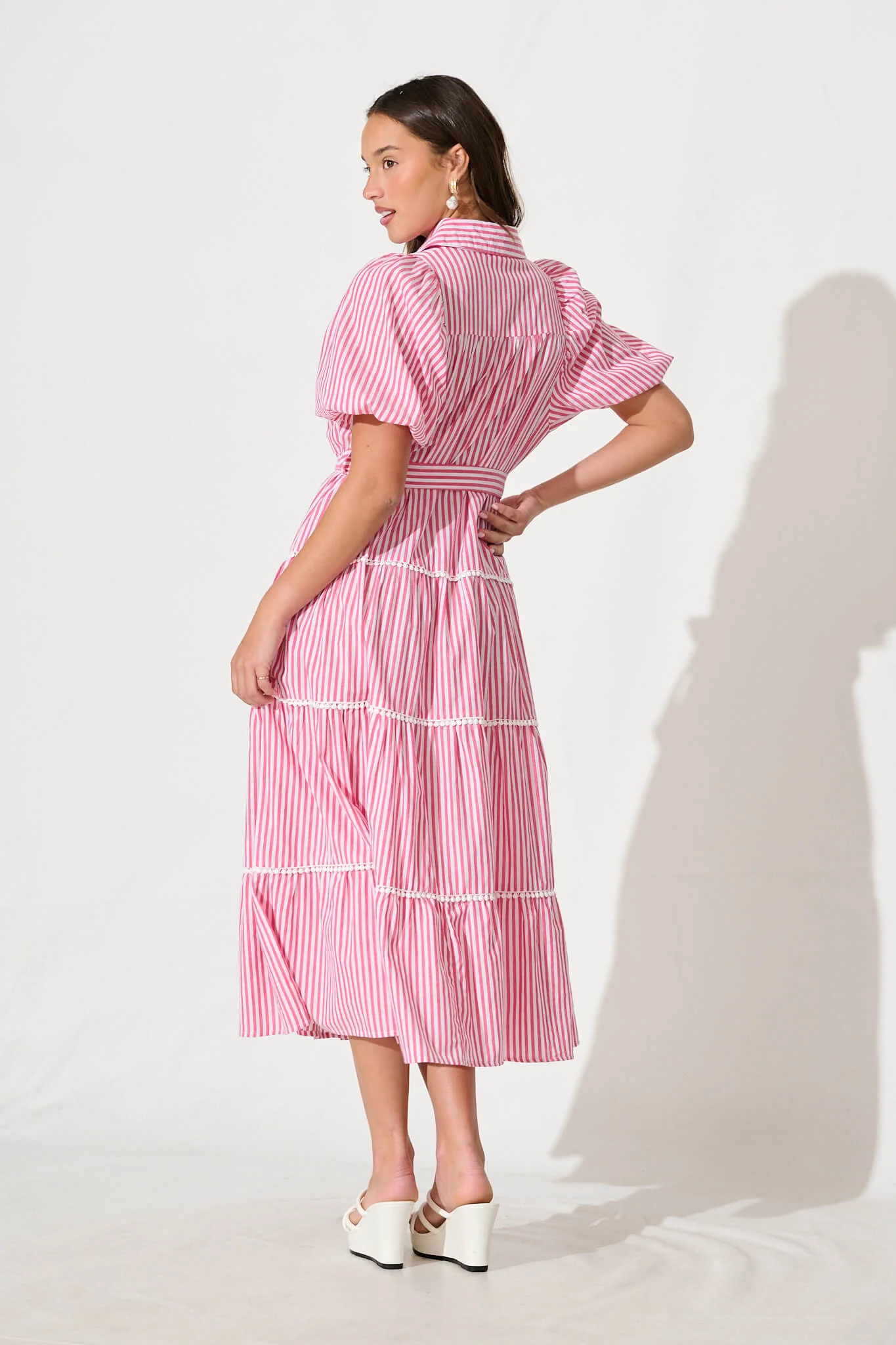 Riverina Midi Shirt Dress in Pink with White Stripe Cotton - Image 4