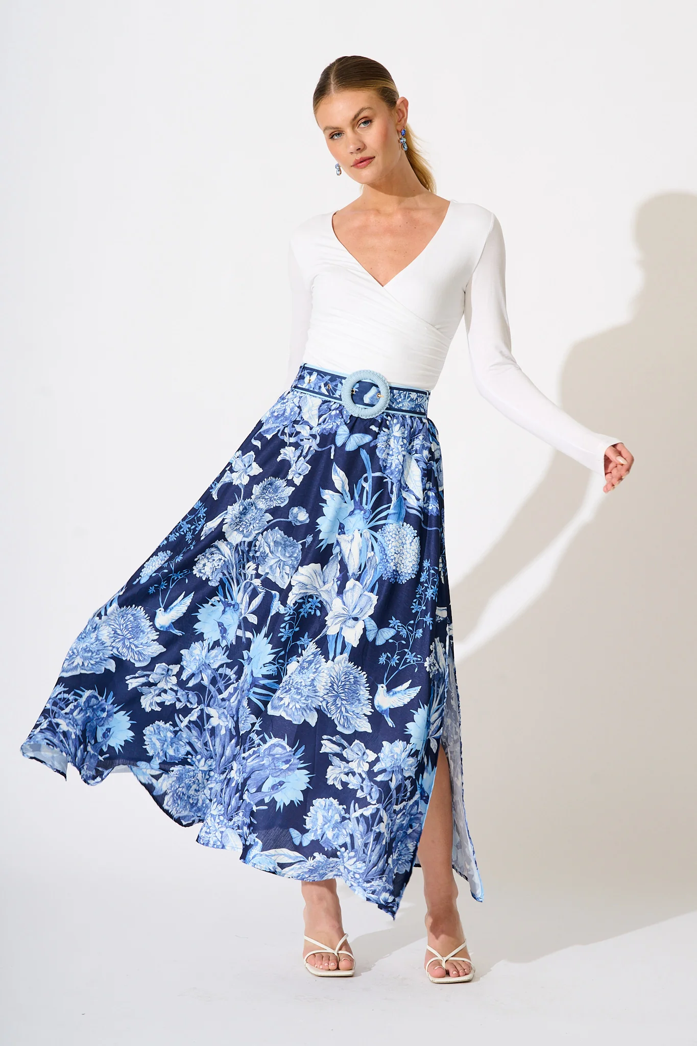 Riviera Maxi Skirt in Navy with Blue Floral Linen Blend - Image 8