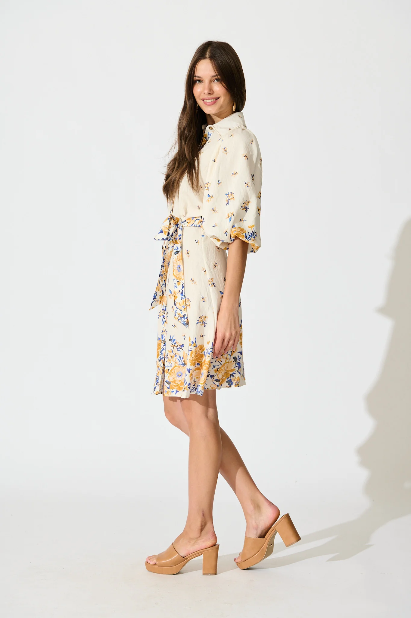 Robilyn Shirt Dress in Cream with Blue and Yellow Linen Blend - Image 3