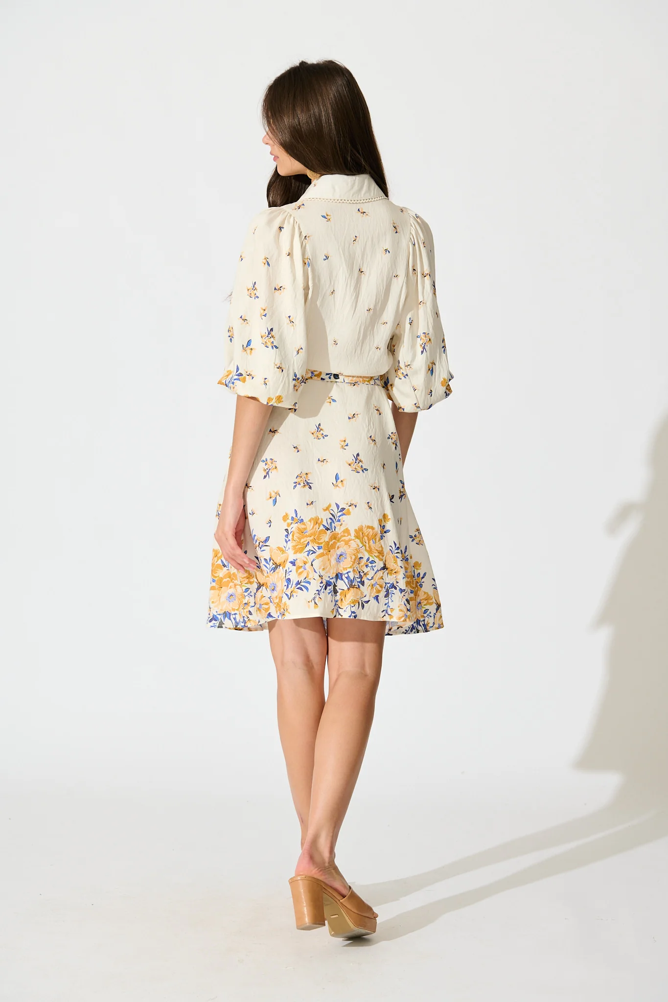 Robilyn Shirt Dress in Cream with Blue and Yellow Linen Blend - Image 4