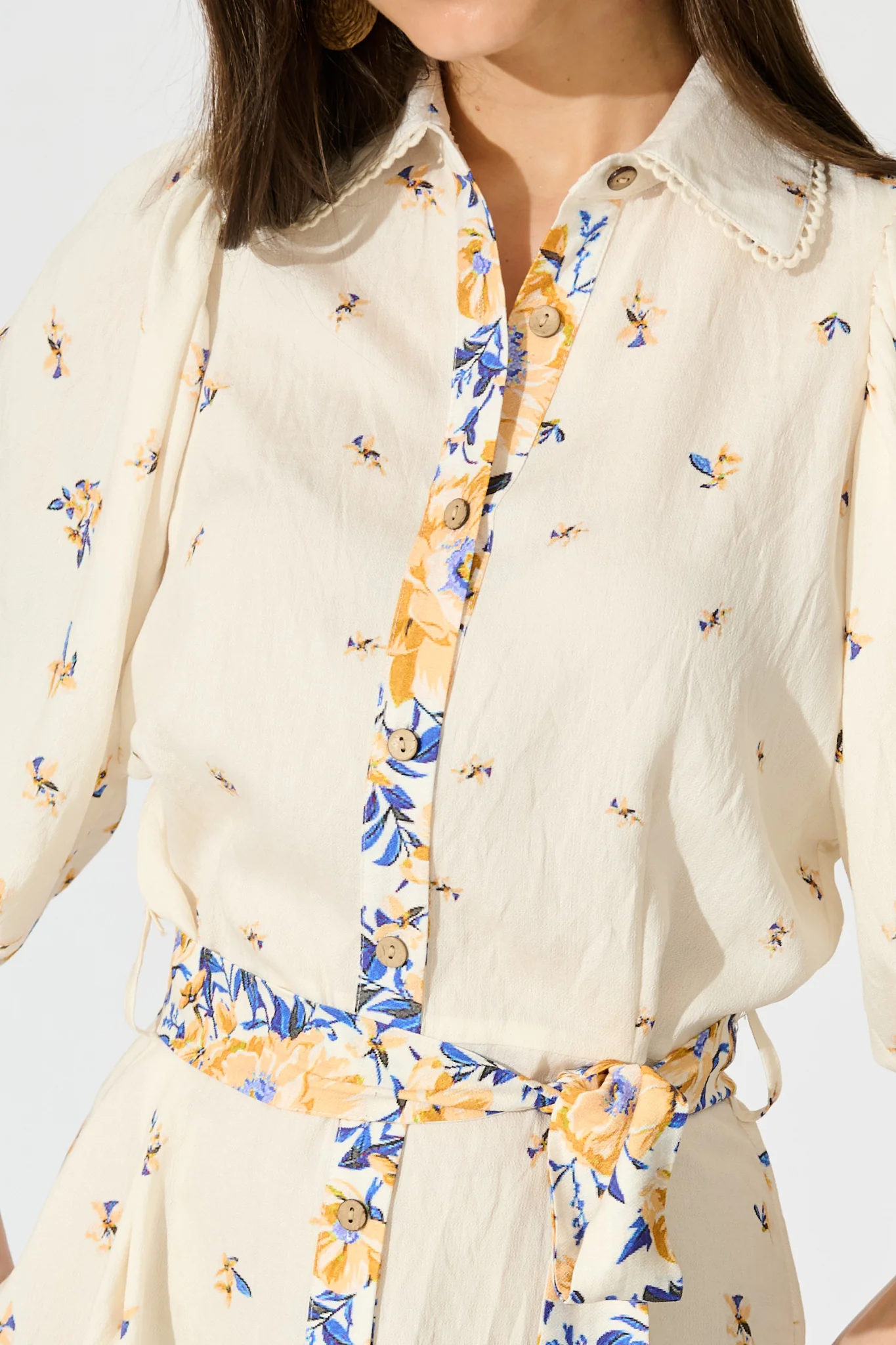 Robilyn Shirt Dress in Cream with Blue and Yellow Linen Blend - Image 5