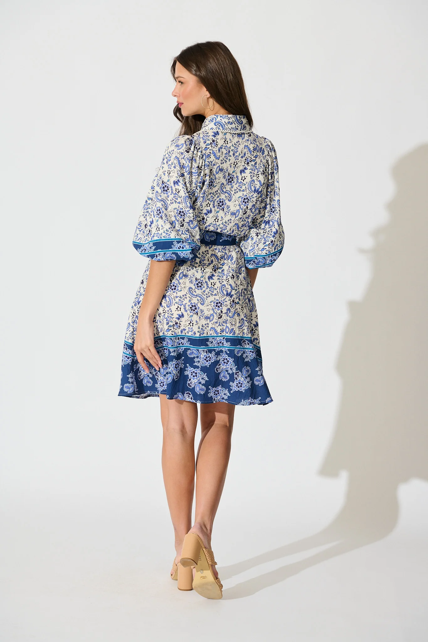 Robilyn Shirt Dress in Cream with Blue Boho Floral Linen Blend - Image 4