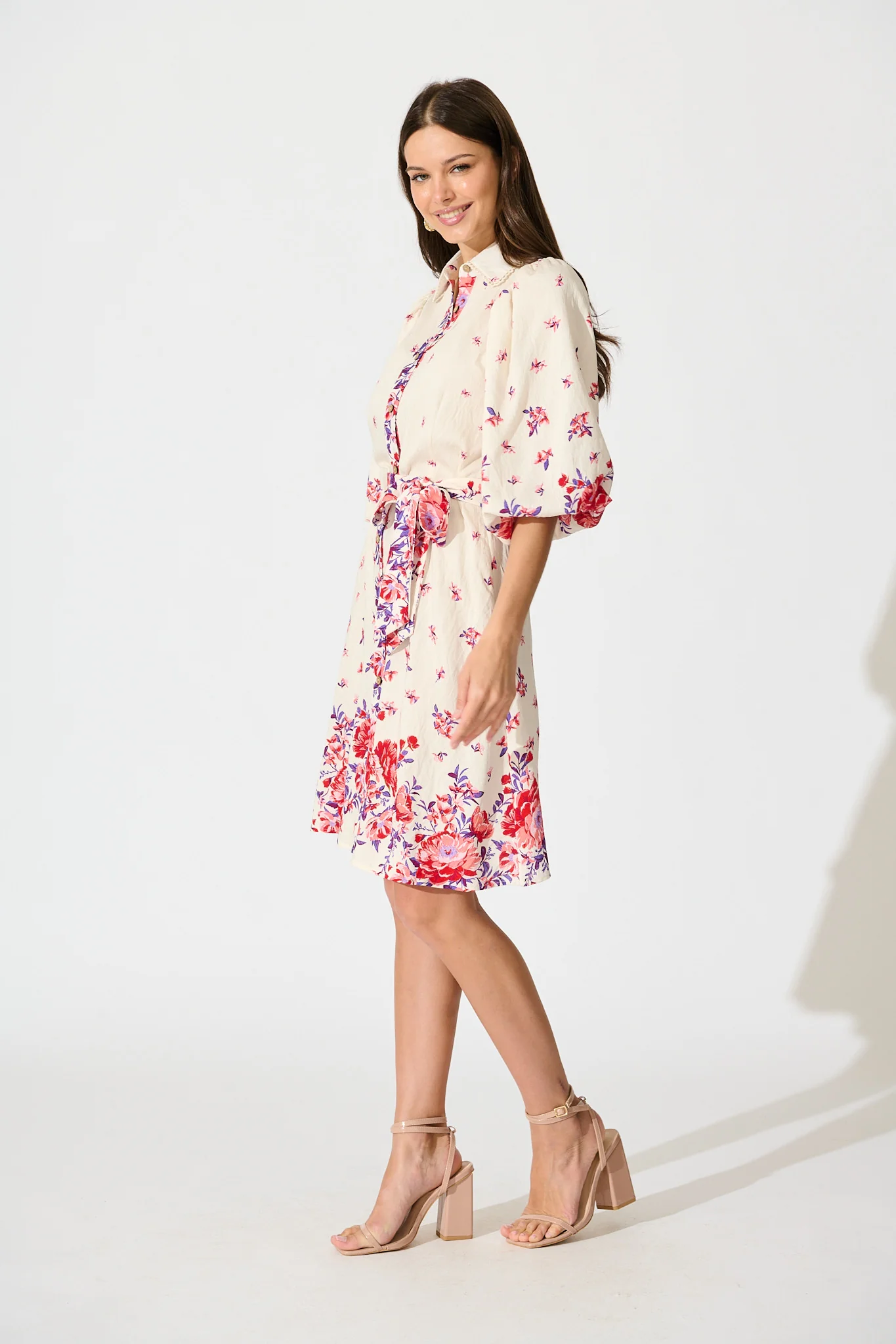 Robilyn Shirt Dress in White with Red and Purple Linen Blend - Image 3