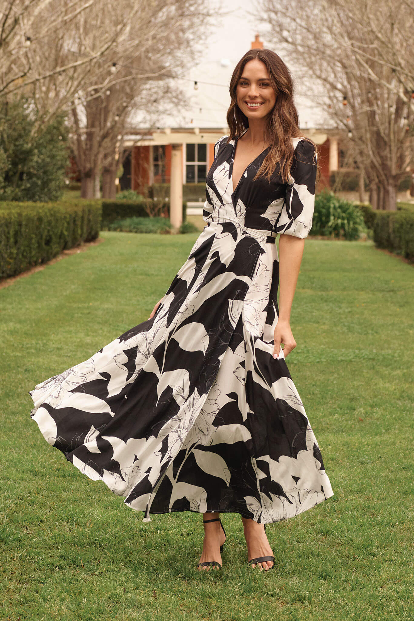 Ronda Maxi Wrap Dress In Black With White Floral - Image 3