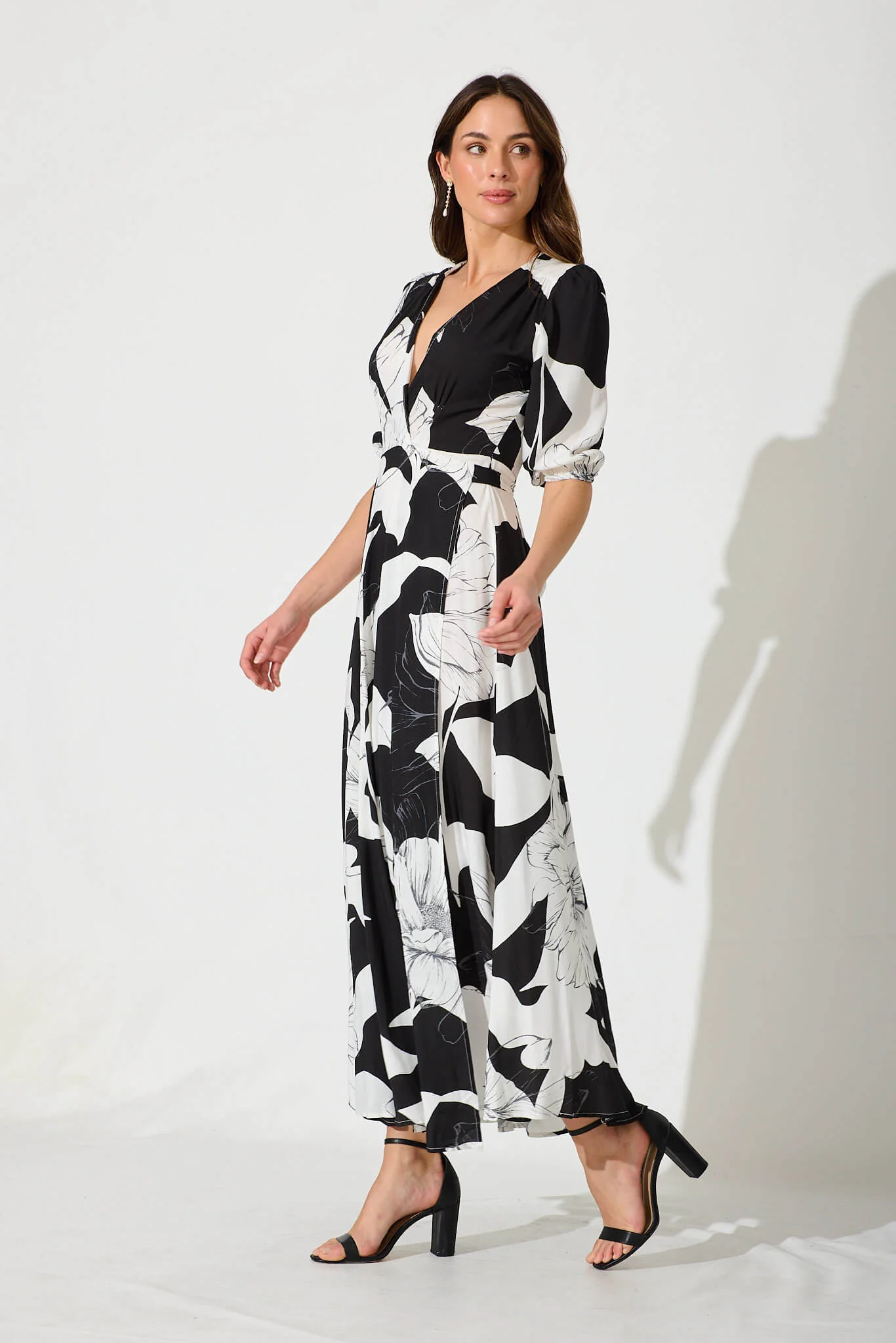 Ronda Maxi Wrap Dress In Black With White Floral - Image 8