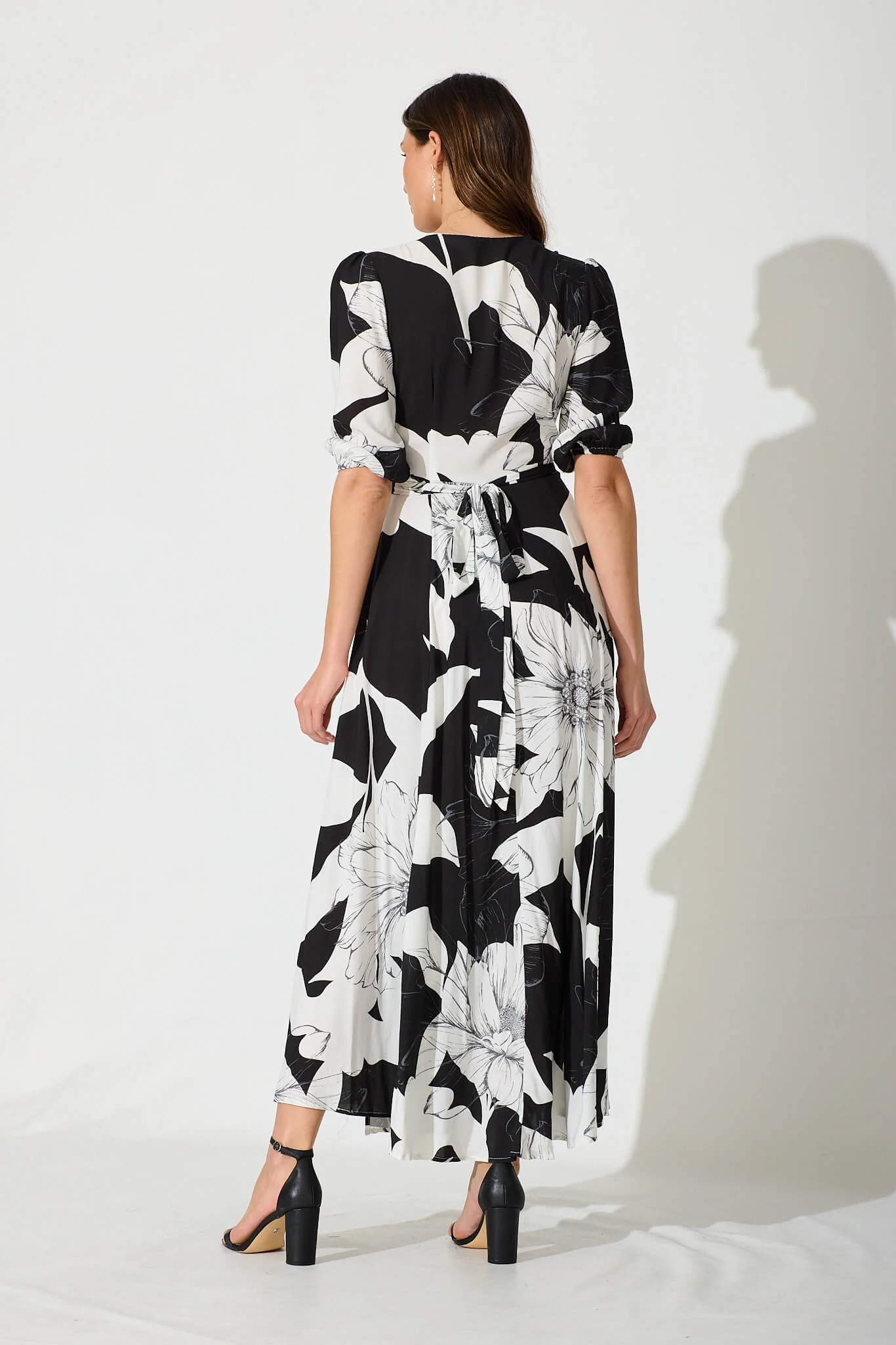 Ronda Maxi Wrap Dress In Black With White Floral - Image 9