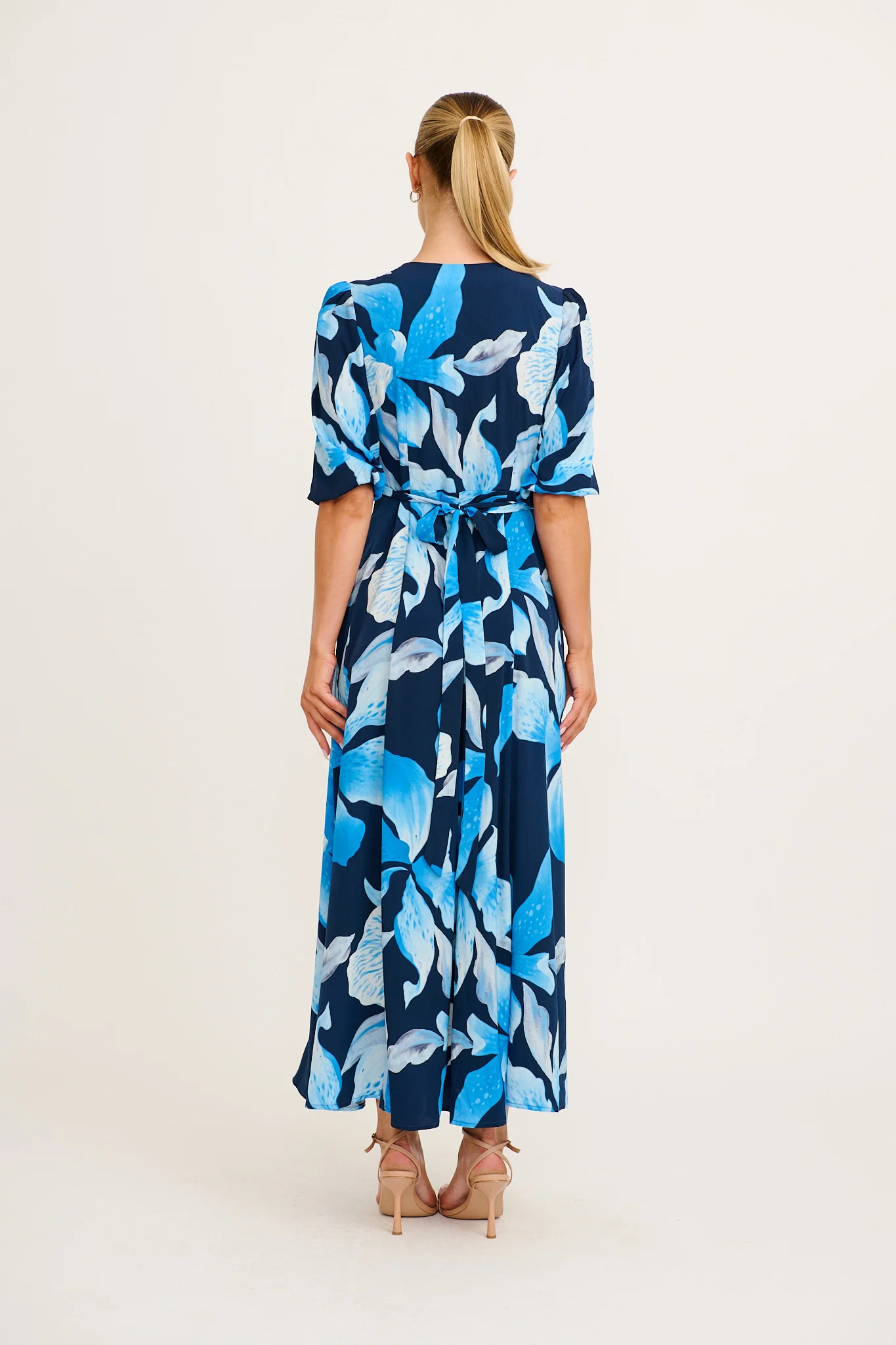 Ronda Maxi Wrap Dress in in Navy with Blue Floral - Image 4