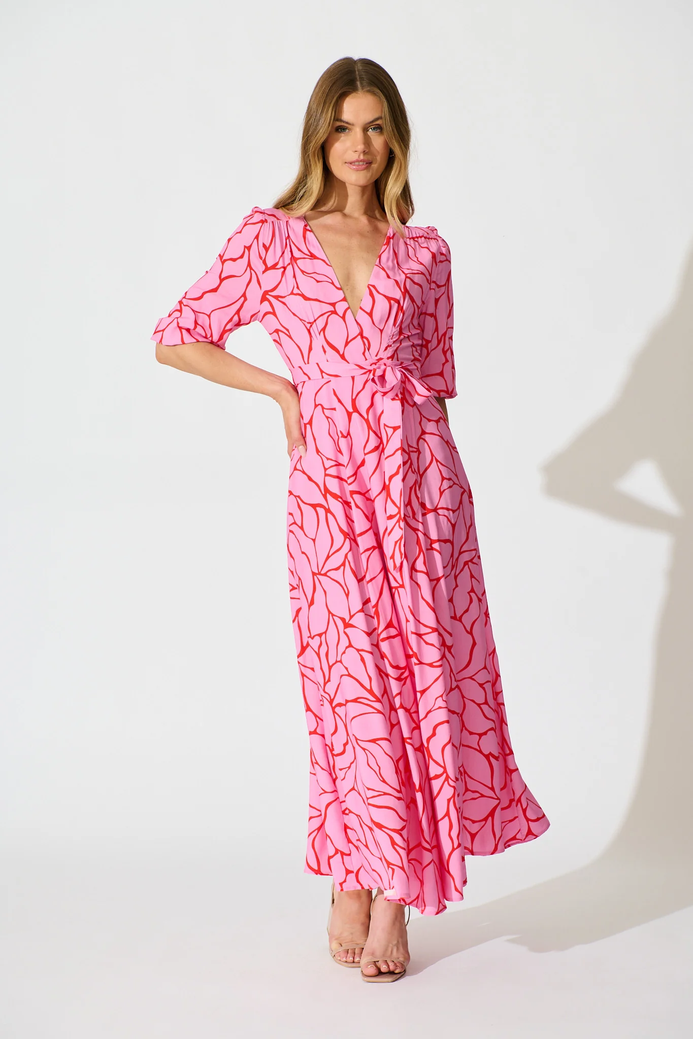 Ronda Maxi Wrap Dress in Pink Geometric Print