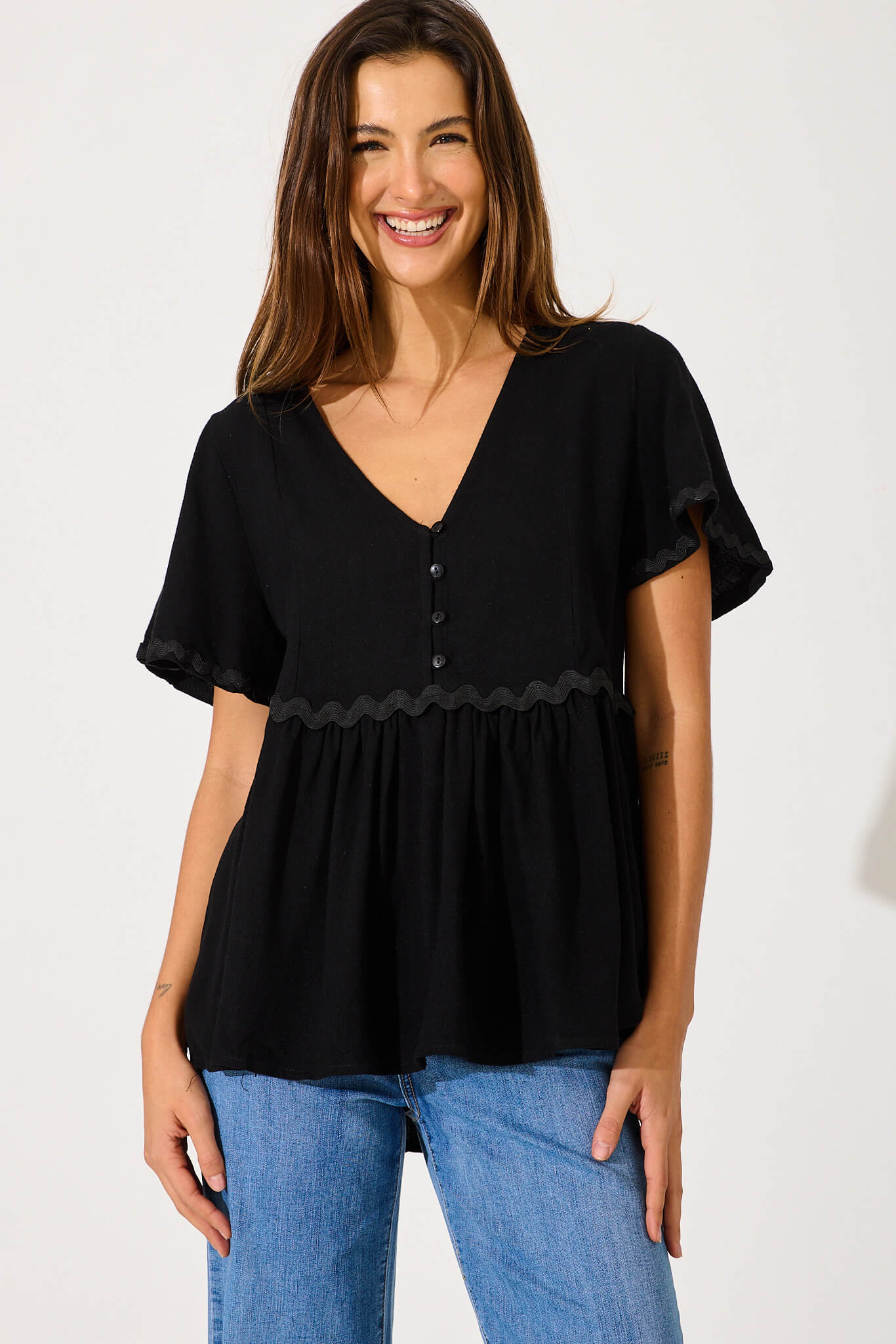 Rory Top In Black With Ric Rac Trim Linen Blend