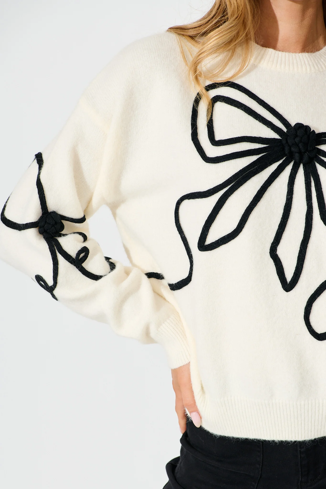 Rosa Knit in Cream with Black Bow Cotton Blend - Image 5