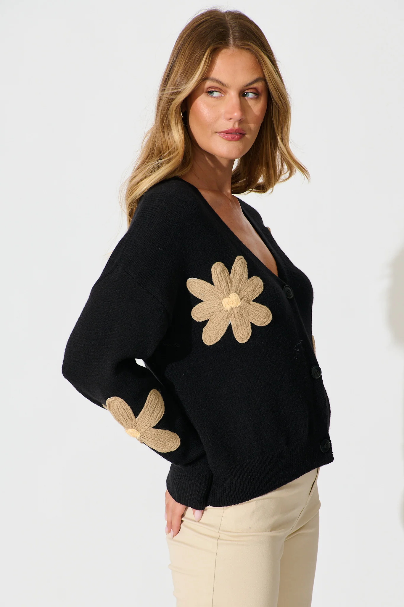 Rosalie Knit Cardigan in Black with Beige Flowers - Image 2