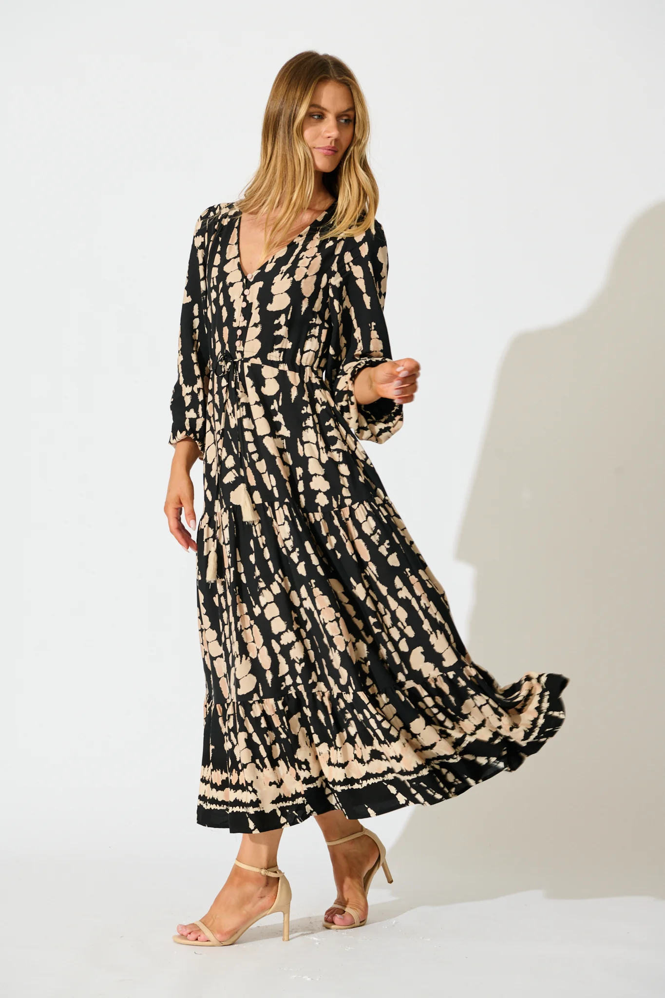 Rosamund Midi Dress in Black with Beige Print - Image 3