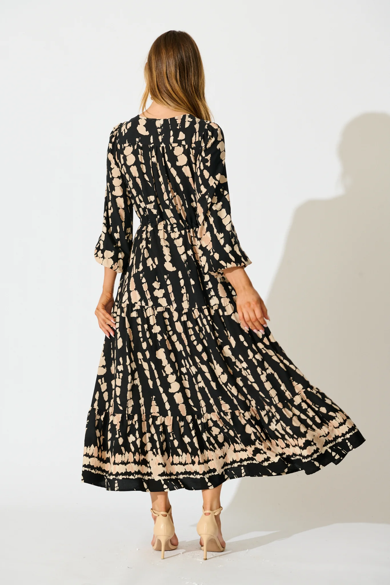 Rosamund Midi Dress in Black with Beige Print - Image 4
