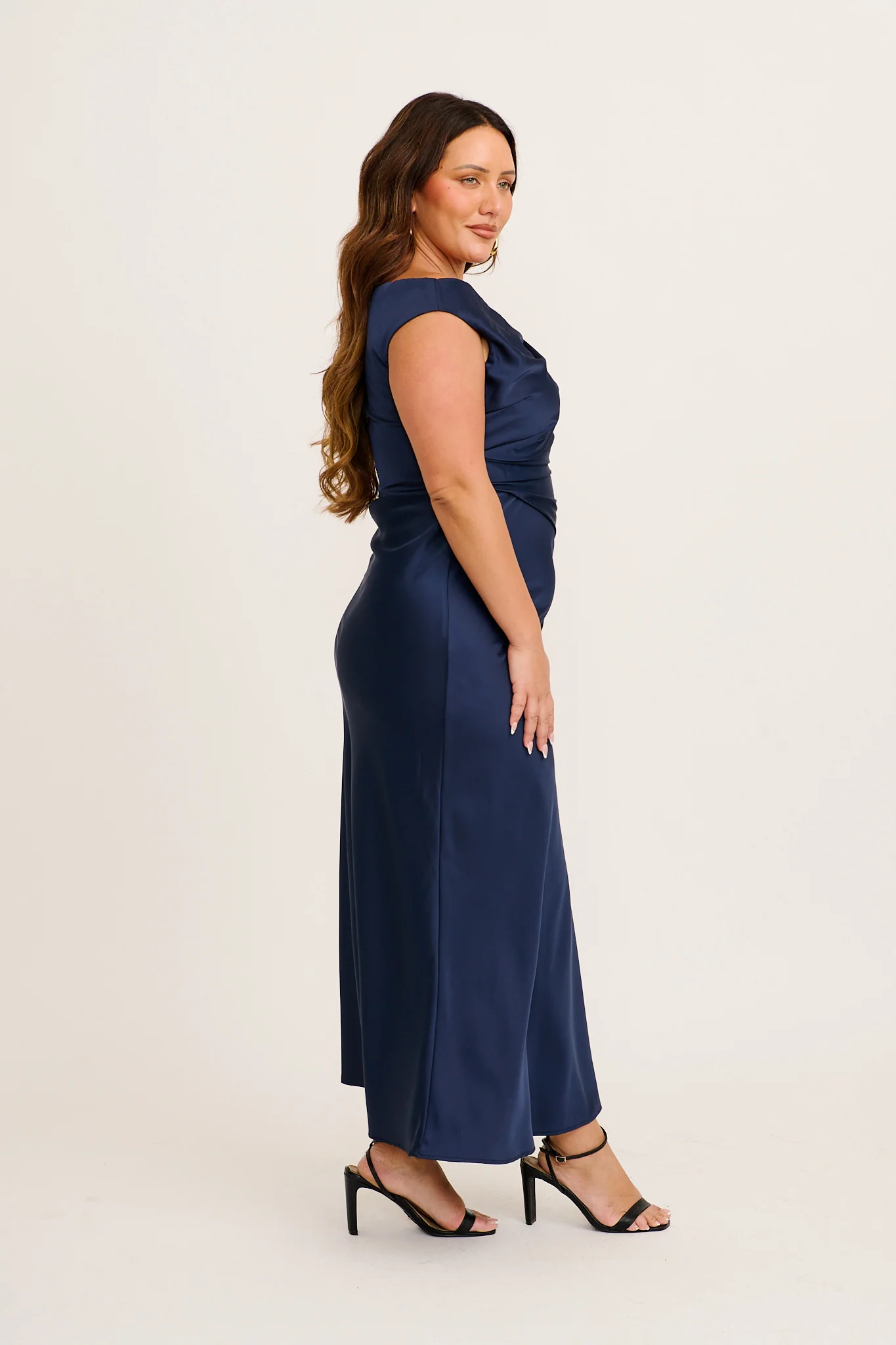 Rosé Nights Off Shoulder Maxi Dress in Navy Satin - Image 12