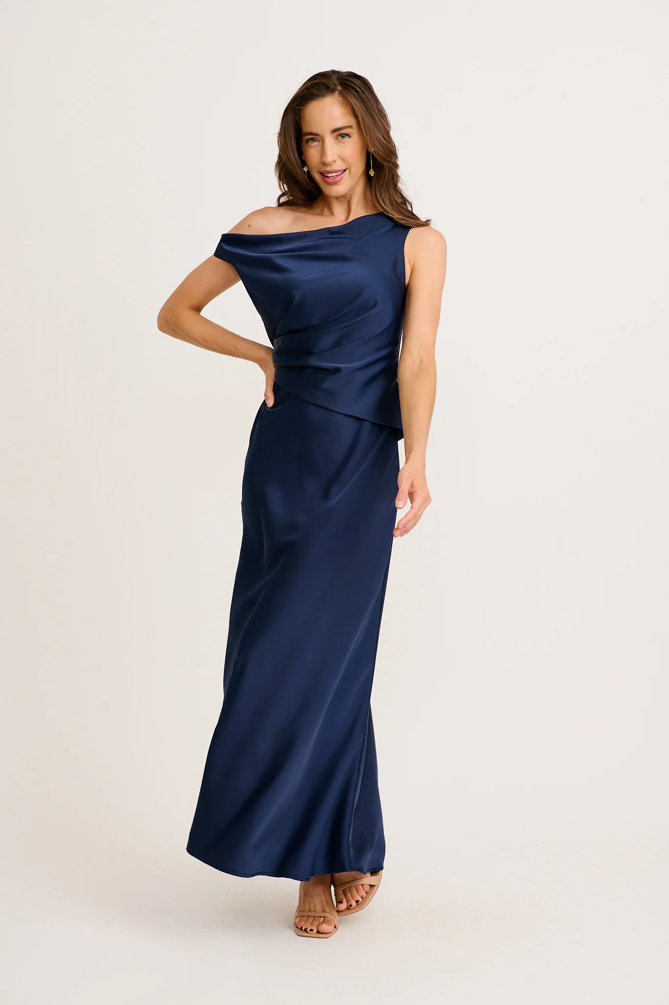 Rosé Nights Off Shoulder Maxi Dress in Navy Satin - Image 4