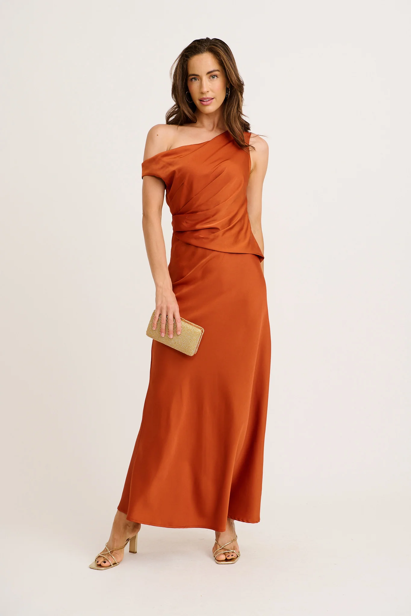 Rosé Nights Off Shoulder Maxi Dress in Rust Satin - Image 2